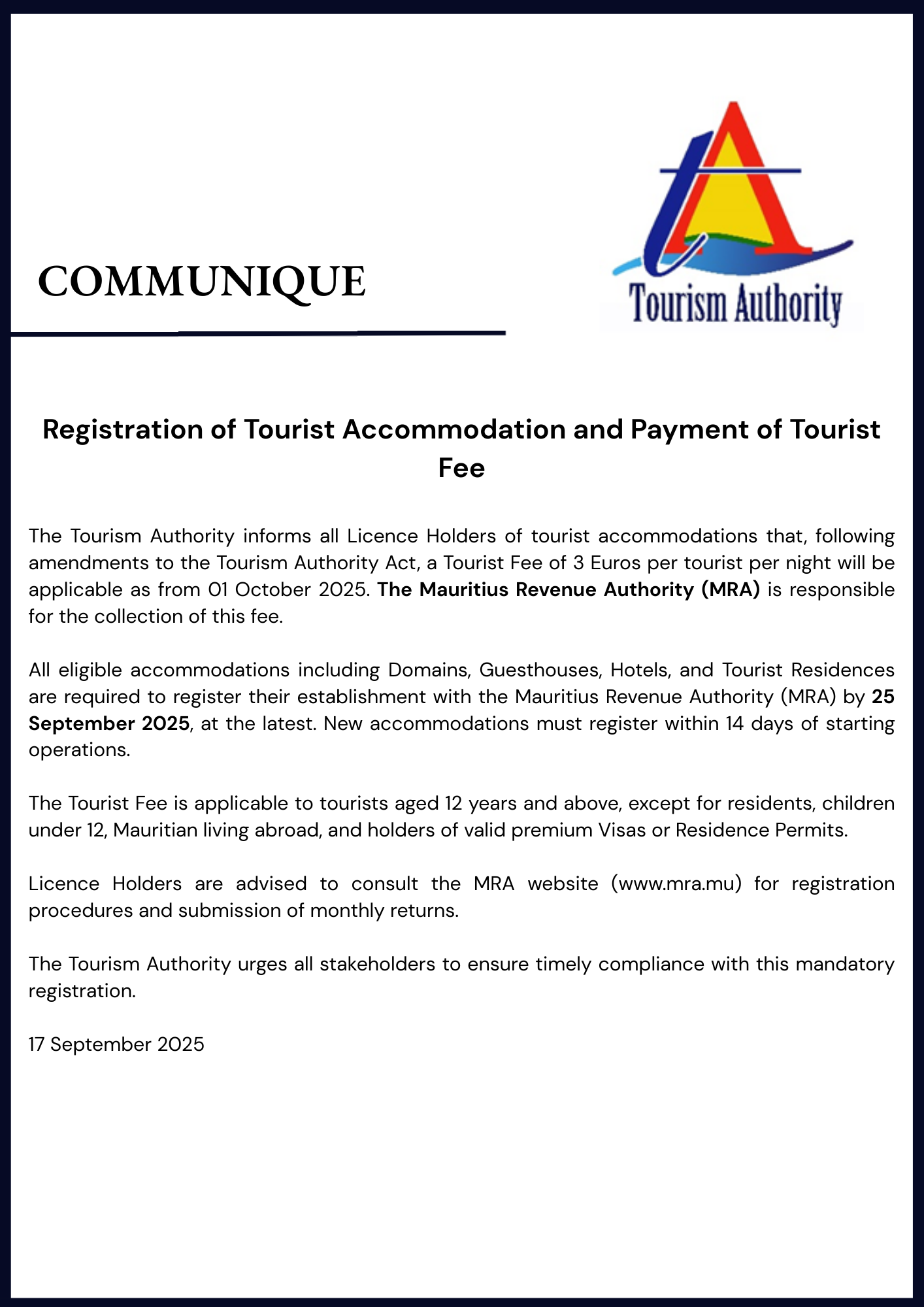 Official Communique on Tourist Fee ( revised